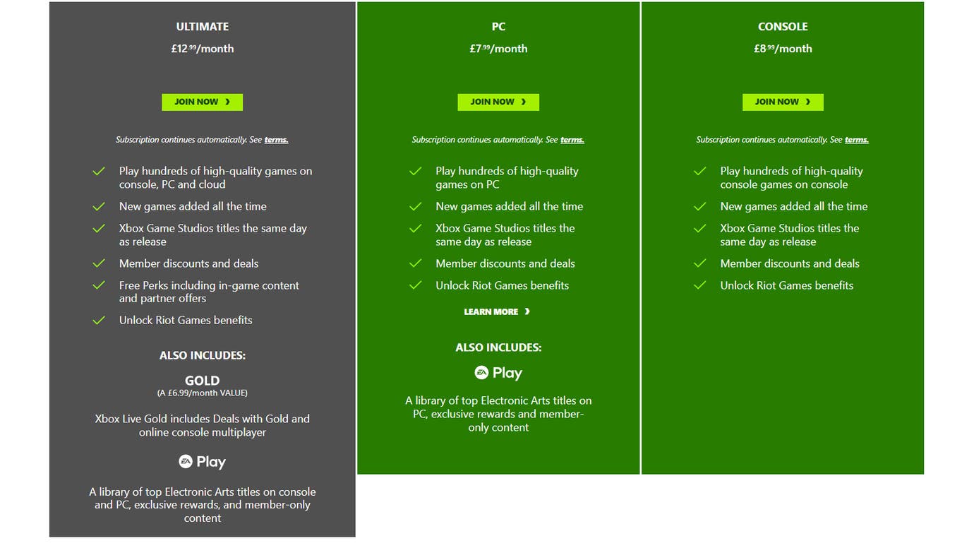Preisstufen für den Xbox Game Pass von Microsoft, keine kostenlose Testversion.
